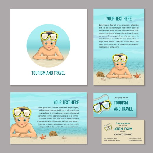 4款彩绘沙滩男孩度假卡片矢量素材16设计网精选
