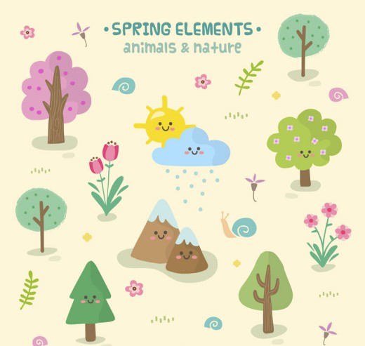 可爱春季树木和蜗牛自然元素矢量素