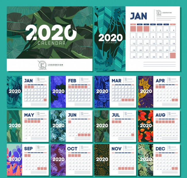 2020年树叶年历卡片矢量素材16素材网精选