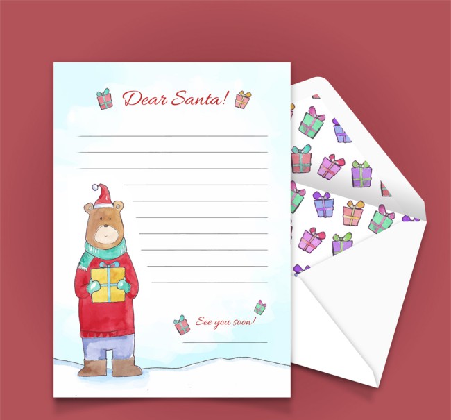 彩绘熊圣诞节信封和信纸矢量图普贤居素材网精选