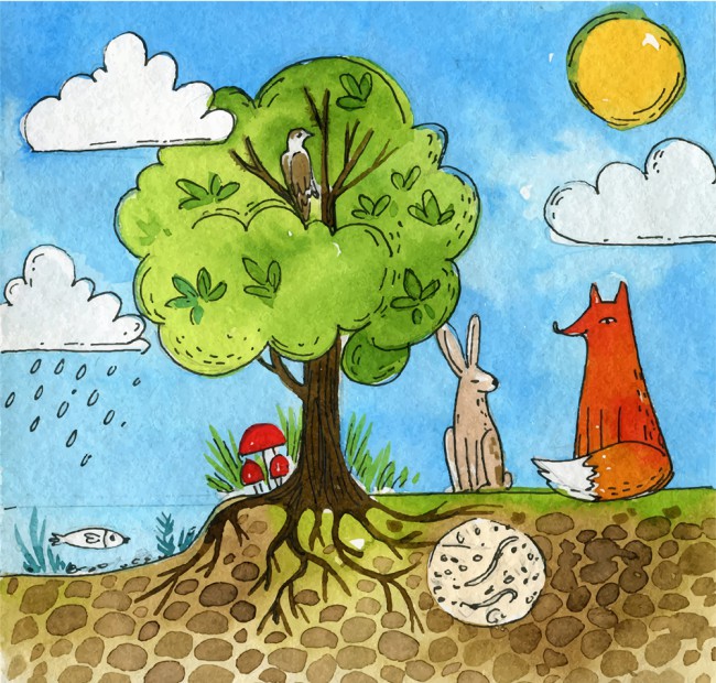 彩绘树木和森林动物插画矢量图素材天下精选