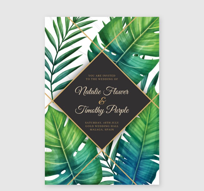 绿色热带树叶婚礼邀请卡矢量素材16设计网精选