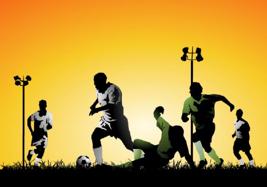 黄昏草地上踢足球的运动员矢量素材16设计网精选