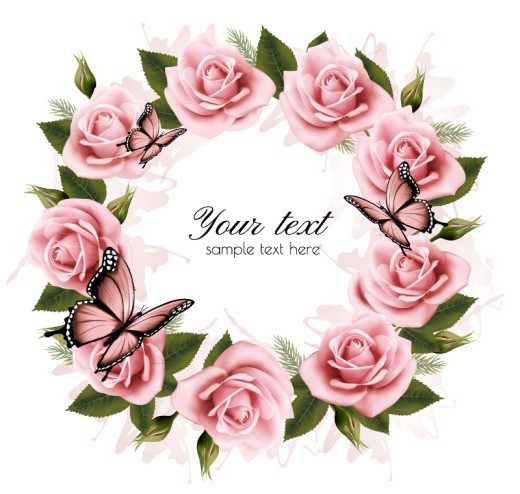 粉色玫瑰花花环和蝴蝶矢量素材16图库网精选