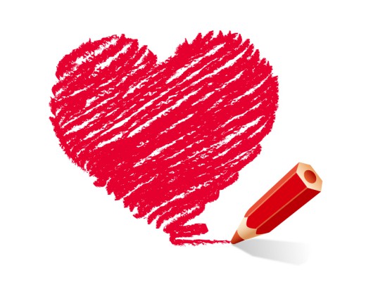 红色手绘爱心与彩色铅笔矢量素材普贤居素材网精选