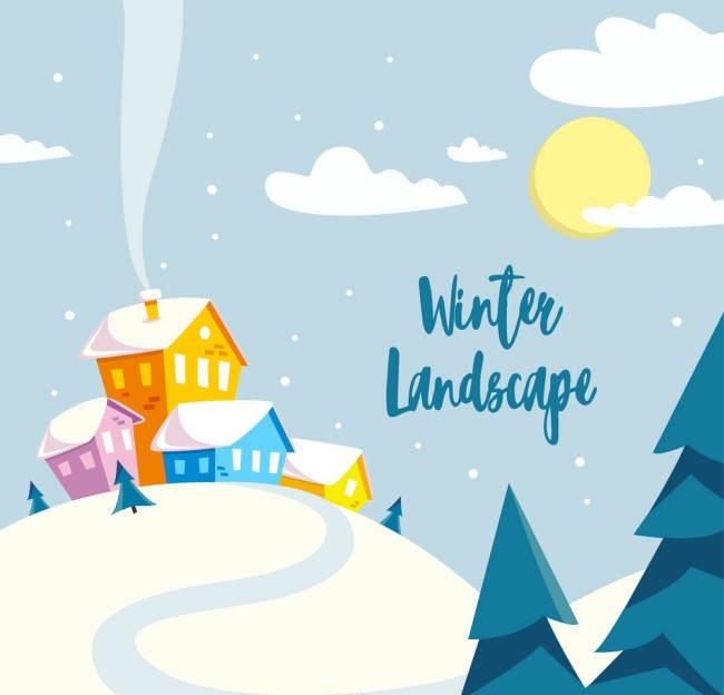 彩色冬季房屋雪景矢量素材16素材网