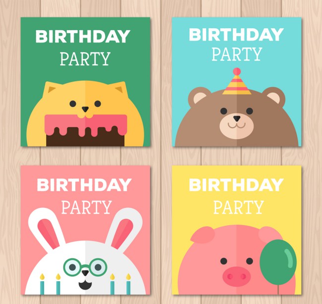 4款可爱动物生日派对卡片矢量图16图库网精选