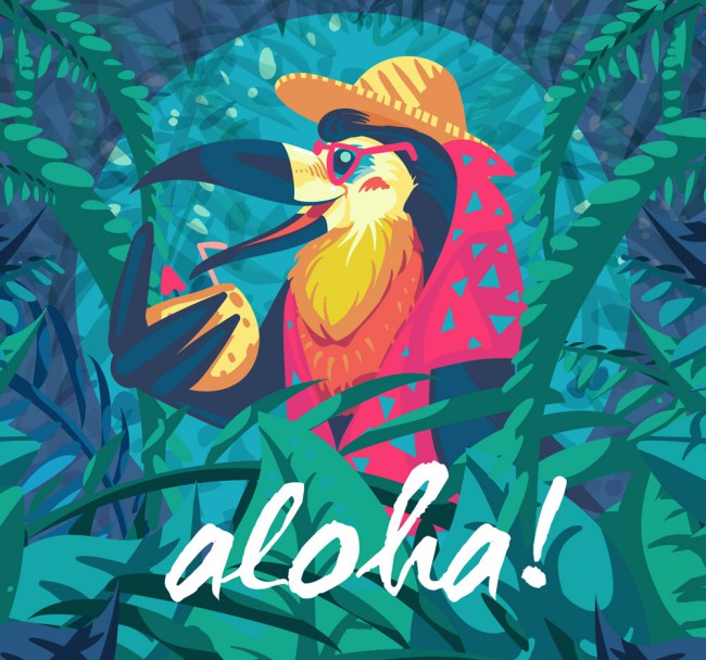 卡通喝椰汁的夏威夷鸟矢量素材普贤居素材网精选