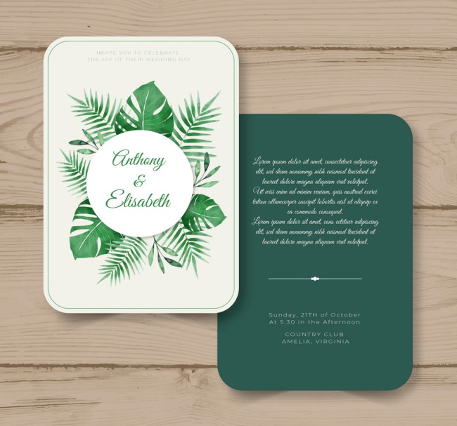 绿色热带树叶婚礼邀请卡正反面矢量图素材中国网精选