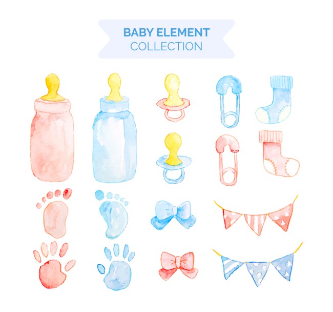 16款水彩绘粉色和蓝色婴儿元素矢量图素材中国网精选