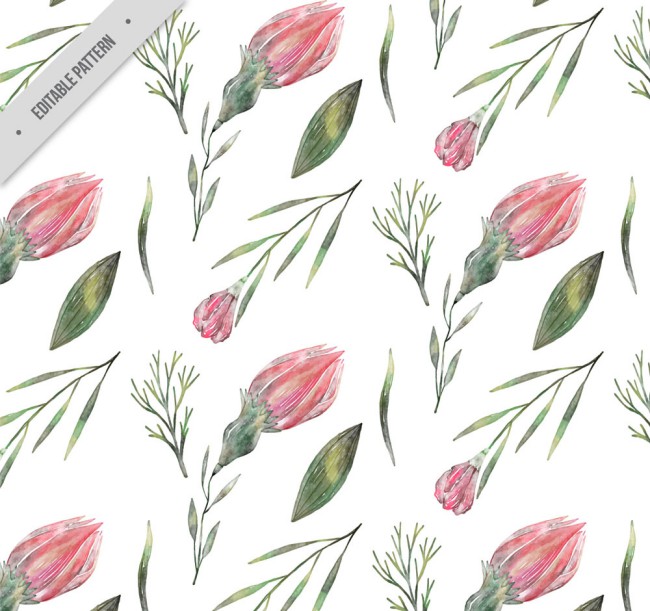 彩绘粉色花朵和叶子无缝背景矢量图16图库网精选