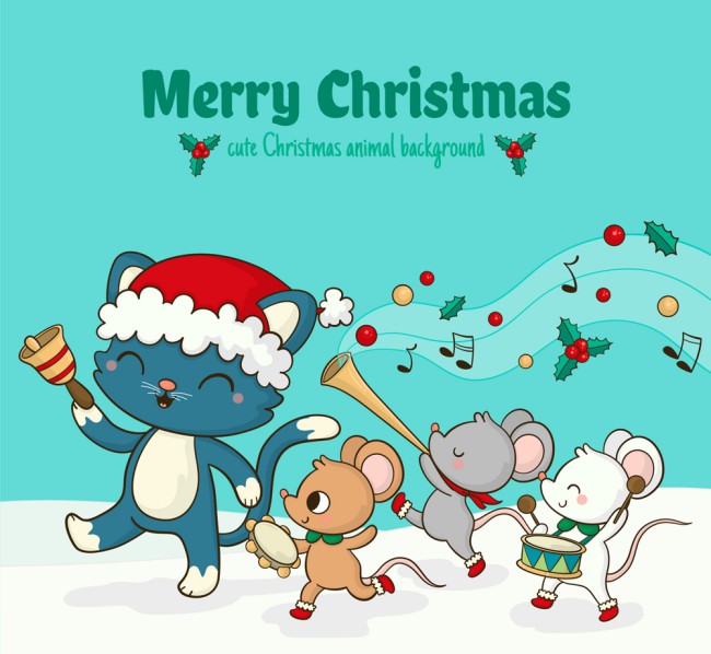 可爱圣诞演奏的猫和老鼠矢量图普贤