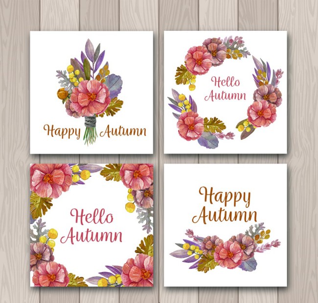 4款彩绘秋季花束和花环卡片矢量素材16图库网精选
