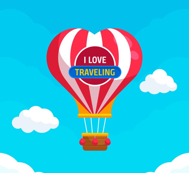 创意天空中的爱心条纹热气球矢量图普贤居素材网精选