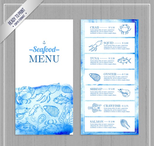 彩绘蓝色海鲜店菜单设计矢量素材素材中国网精选