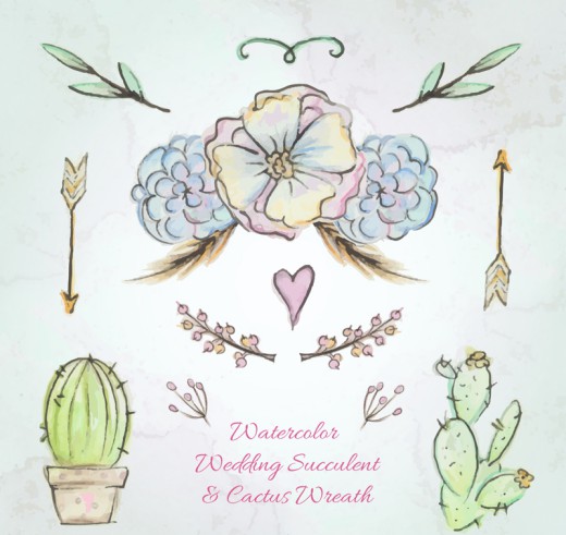 7款水彩绘婚礼植物和装饰矢量图素材中国网精选
