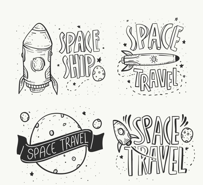 4款手绘太空之旅标签矢量图普贤居素材网精选