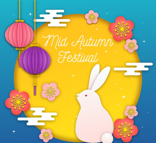 彩色中秋节月亮和白兔剪贴画矢量图普贤居素材网精选