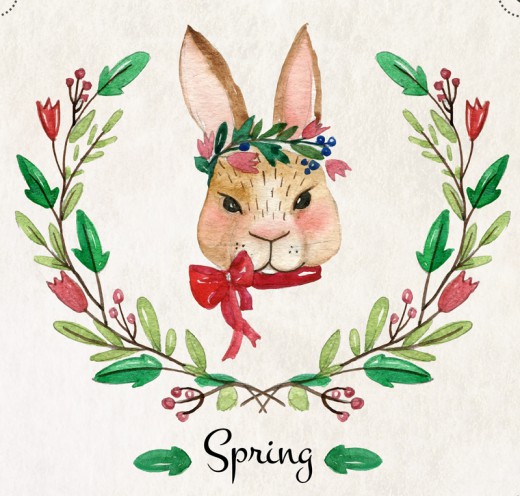 水彩绘兔子头像和花卉矢量素材普贤居素材网精选