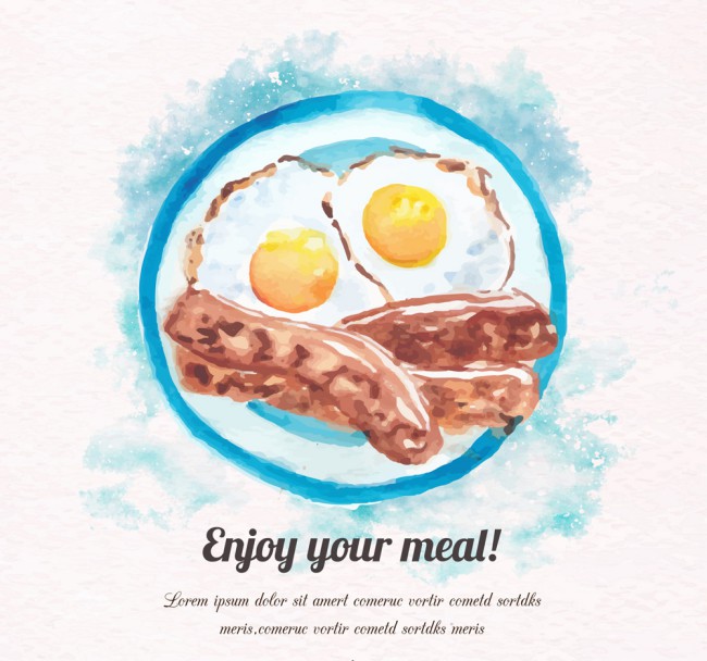水彩绘美味煎蛋和香肠早餐矢量图普贤居素材网精选