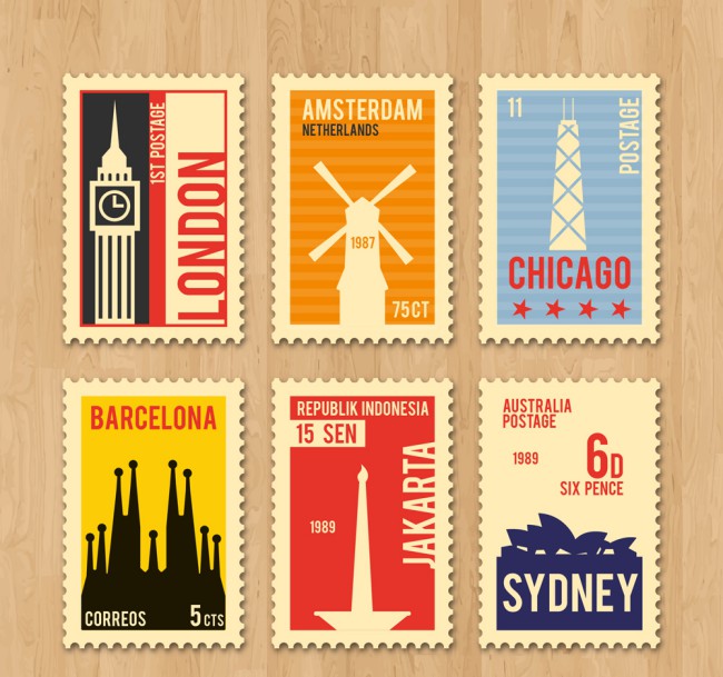 6款复古旅游城市邮票矢量素材素材