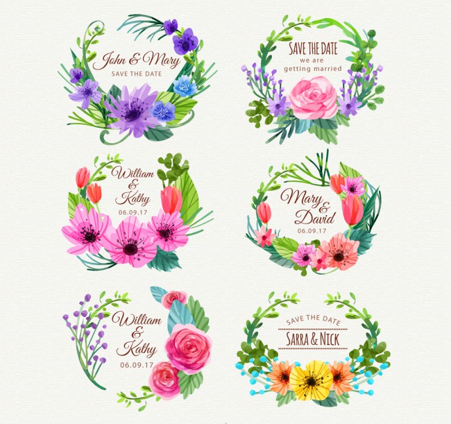 6款水彩绘花卉婚礼标签矢量素材普贤居素材网精选