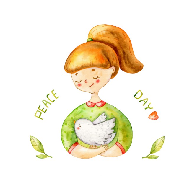 彩绘国际和平日怀抱白鸽的女孩矢量图普贤居素材网精选