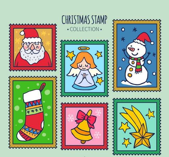 6款彩绘圣诞元素邮票矢量素材16图库网精选
