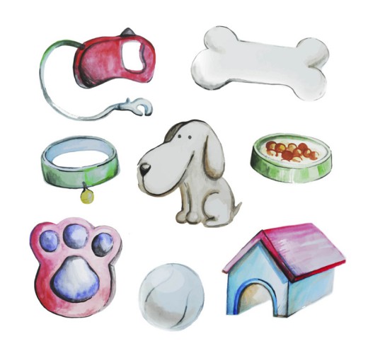 水彩绘宠物狗和7款宠物用品矢量图素材中国网精选