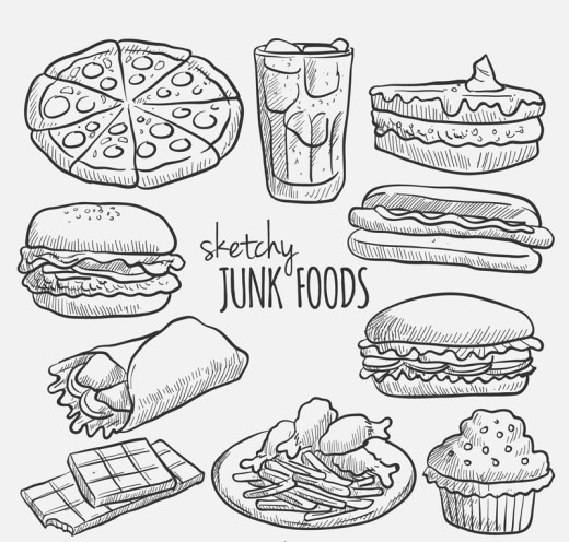 10款黑白手绘快餐食品矢量素材素材