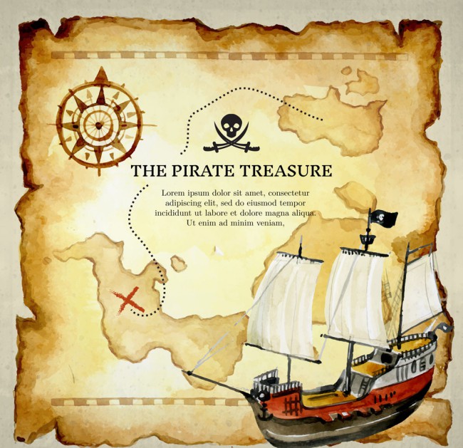 复古藏宝图和海盗船矢量图16素材网精选