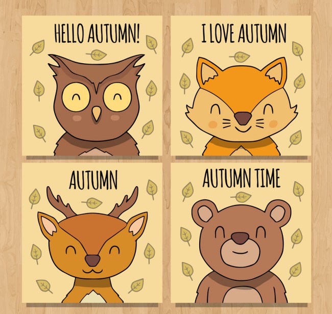 4款秋季微笑动物卡片矢量素材普贤居素材网精选