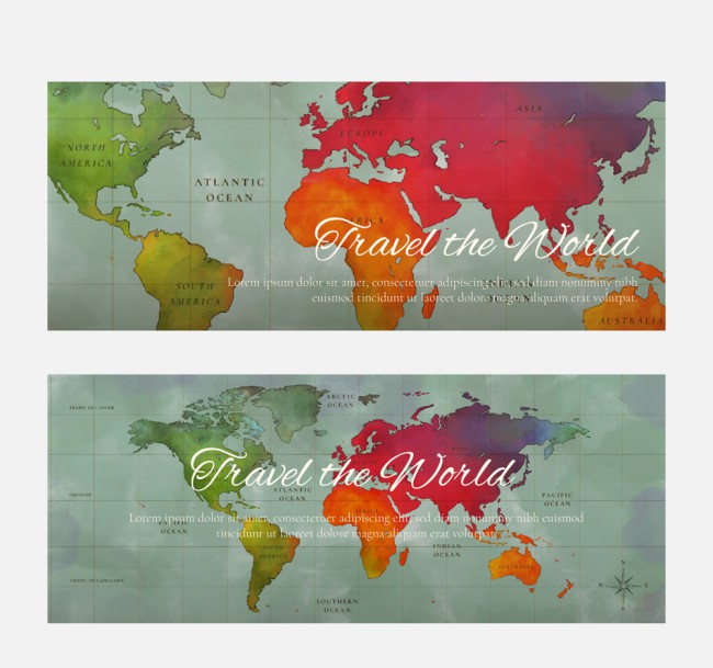 2款彩绘环球旅行世界地图banner矢量图素材中国网精选