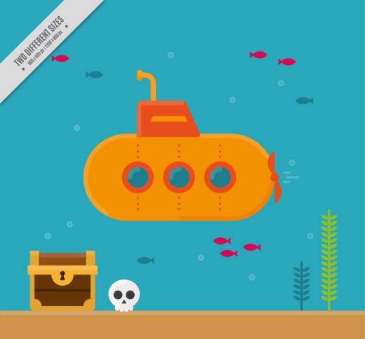 创意海底探险的潜水艇和宝藏矢量图
