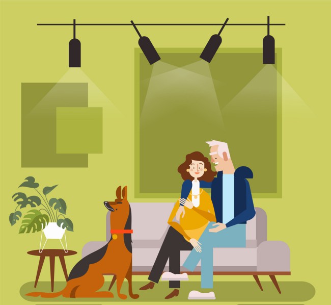 创意客厅里的夫妇和宠物狗矢量图16设计网精选