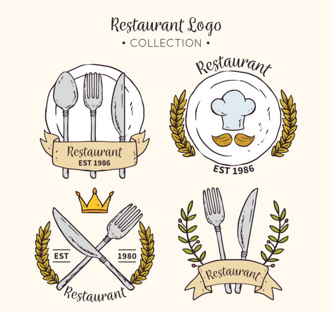 4款彩绘餐馆标志设计矢量素材16图库网精选