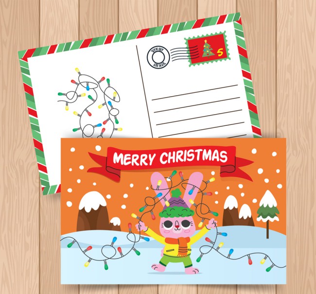 彩绘兔子圣诞节明信片正反面矢量图普贤居素材网精选