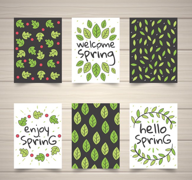 6款手绘春季绿叶卡片矢量素材普贤居素材网精选