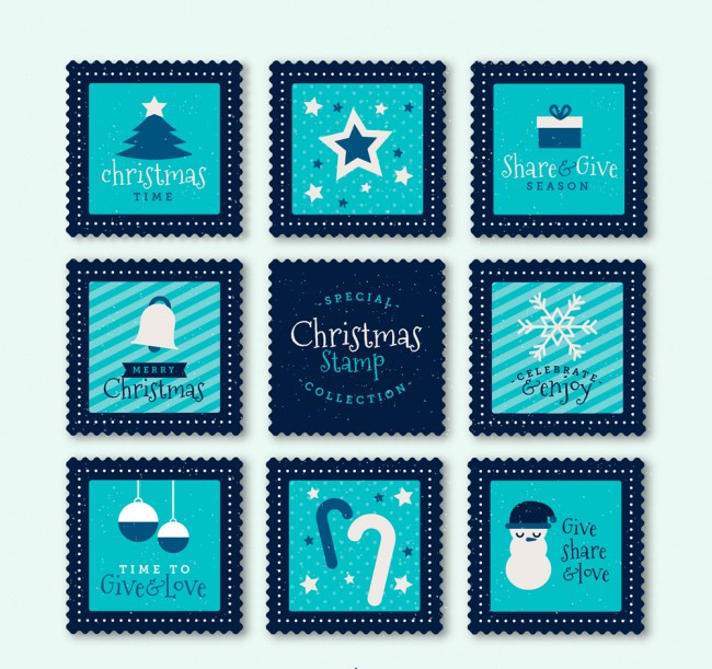 8款蓝色圣诞节邮票矢量素材16图库网精选