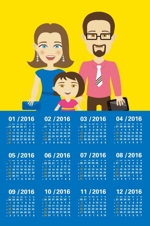 2016年卡通家庭年历矢量图16设计网精选