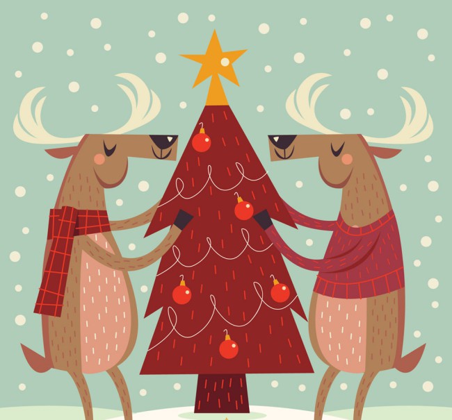 创意2只装饰圣诞树的驯鹿矢量素材普贤居素材网精选