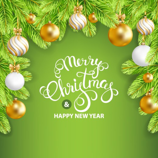 清新绿色松枝和金色吊球圣诞新年贺卡矢量素材普贤居素材网精选