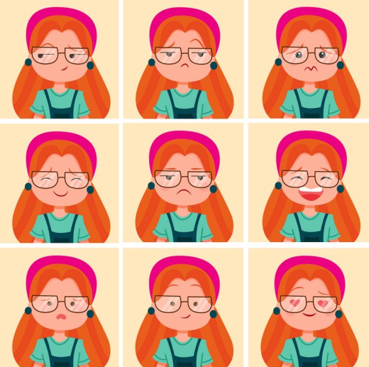 9款橙色头发女子表情头像矢量素材