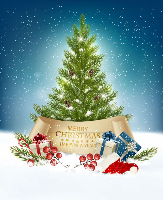 精美雪地圣诞树和礼盒设计矢量素材16素材网精选