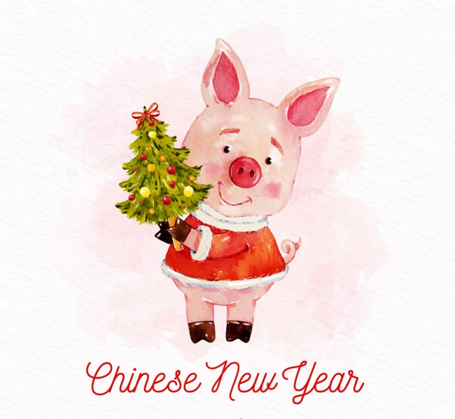 彩绘抱圣诞树的小猪矢量图普贤居素材网精选