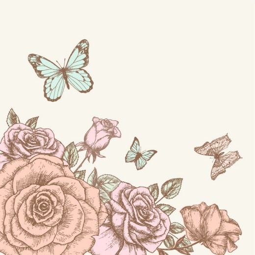 手绘玫瑰与蝴蝶设计矢量素材16设计网精选
