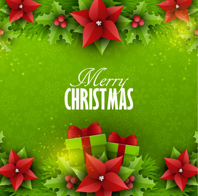绿色圣诞节礼物和冬青贺卡矢量素材16设计网精选