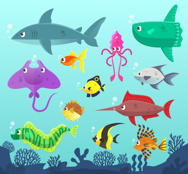 12只彩色大海中的海洋动物矢量素材16素材网精选