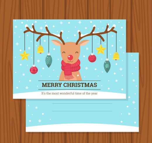 卡通圣诞驯鹿和挂饰节日贺卡矢量素材16图库网精选