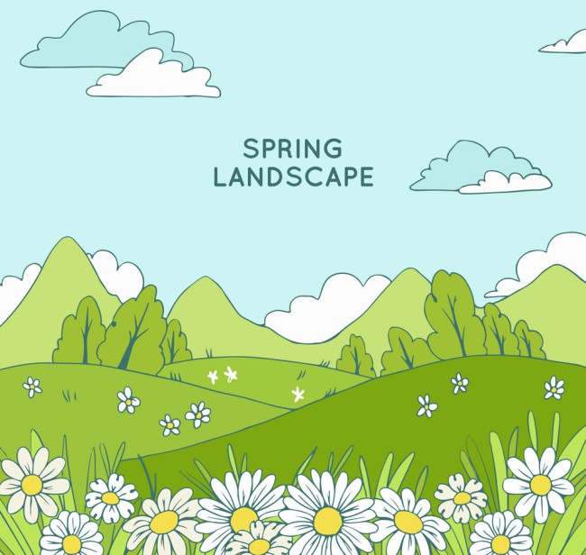 创意春季绿色草地花丛风景矢量图16图库网精选